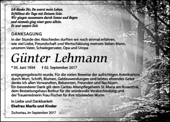 Traueranzeige von Günter Lehmann von Leipziger Volkszeitung