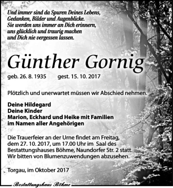 Traueranzeige von Günther Gornig von Torgauer Zeitung