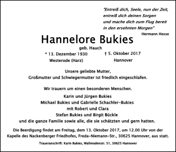 Traueranzeige von Hannelore Buckies von HAZ/NP