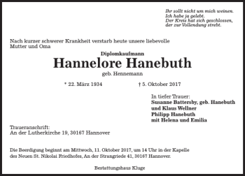 Traueranzeige von Hannelore Hanebuth von HAZ/NP