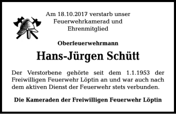 Traueranzeige von Hans-Jürgen Schütt von Kieler Nachrichten / Segeberger Zeitung