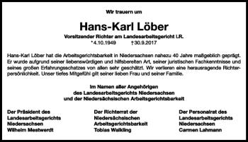 Traueranzeige von Hans-Karl Löber von HAZ/NP