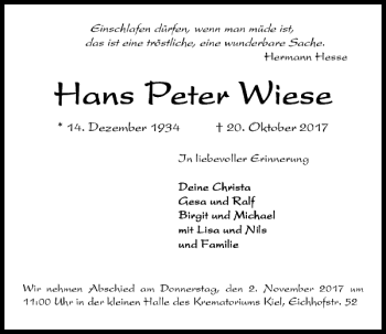 Traueranzeige von Hans Peter Wiese von Kieler Nachrichten / Segeberger Zeitung