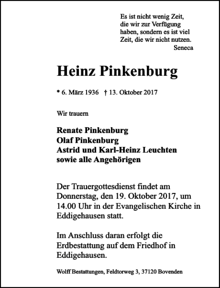  Traueranzeige für Heinz Pinkenburg vom 17.10.2017 aus Göttinger Tageblatt