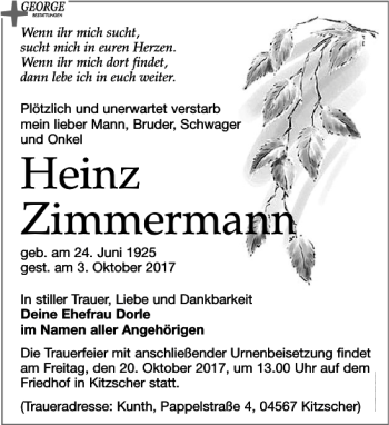 Traueranzeige von Heinz Zimmermann von Leipziger Volkszeitung