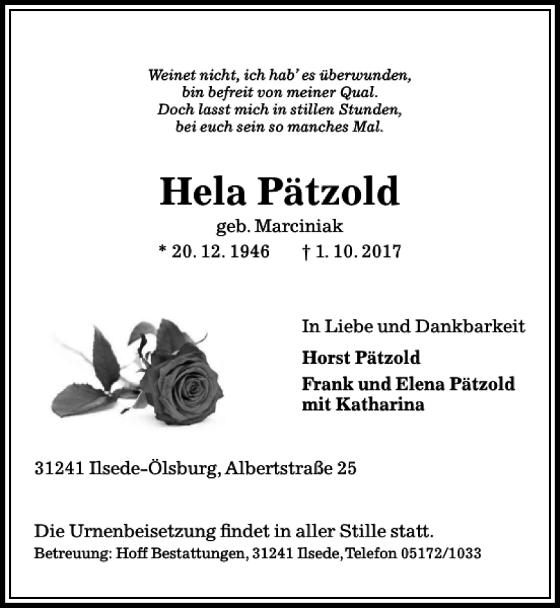  Traueranzeige für Hela Pätzold vom 04.10.2017 aus Peiner Allgemeine Zeitung