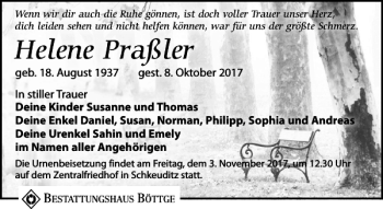 Traueranzeige von Helene Praßler von Leipziger Volkszeitung