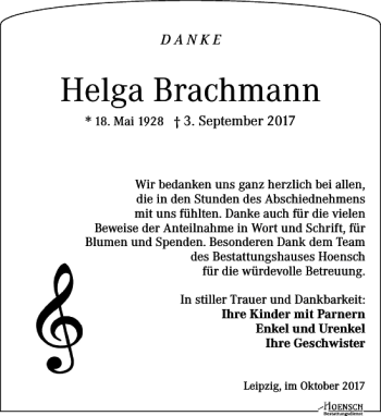 Traueranzeige von Helga Brachmann von Leipziger Volkszeitung