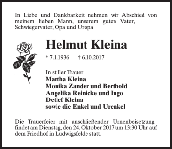 Traueranzeige von Helmut Kleina von MAZ-Trauer.de