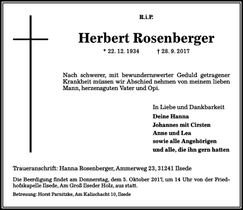  Traueranzeige für Herbert Rosenberger vom 04.10.2017 aus Peiner Allgemeine Zeitung