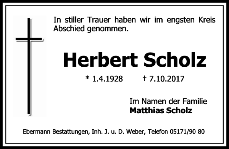  Traueranzeige für Herbert Scholz vom 21.10.2017 aus Peiner Allgemeine Zeitung