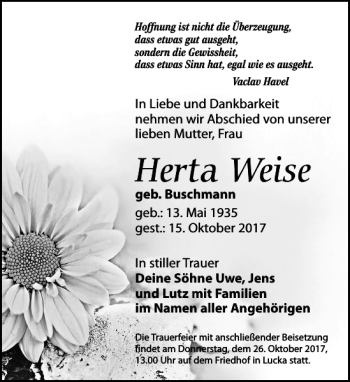 Traueranzeige von Herta Weise von Leipziger Volkszeitung