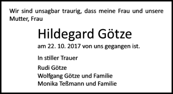 Traueranzeige von Hildegard Götze von Ostsee-Zeitung