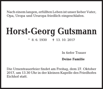 Traueranzeige von Horst-Georg Gutsmann von Kieler Nachrichten / Segeberger Zeitung