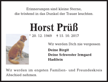 Traueranzeige von Horst Prüß von Kieler Nachrichten / Segeberger Zeitung