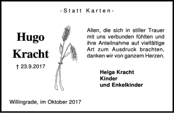 Traueranzeige von Hugo Kracht von Kieler Nachrichten / Segeberger Zeitung