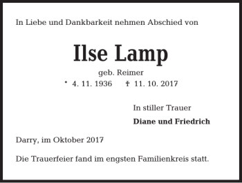 Traueranzeige von Ilse Lamp von Kieler Nachrichten / Segeberger Zeitung