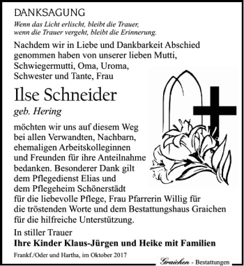 Traueranzeige von Ilse Schneider von Leipziger Volkszeitung