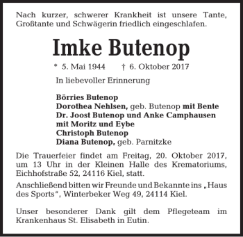 Traueranzeige von Imke Butenop von Kieler Nachrichten / Segeberger Zeitung