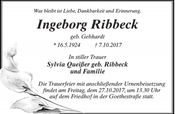 Traueranzeige von Ingeborg Ribbeck von MAZ-Trauer.de