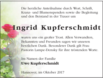 Traueranzeige von Ingrid Kupferschmidt von HAZ/NP