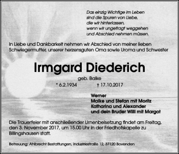 Traueranzeige von Irmgard Diederich von Göttinger Tageblatt
