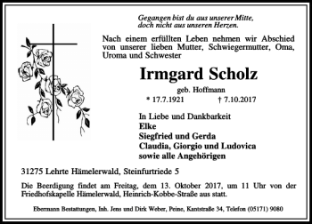 Traueranzeige von Irmgard Scholz von HAZ/NP