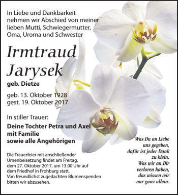 Traueranzeige von Irmtraud Jarysek von Leipziger Volkszeitung