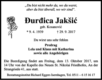 Traueranzeige von Jaksic Durdica von HAZ/NP