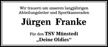Traueranzeige von Jürgen Franke von Peiner Allgemeine Zeitung
