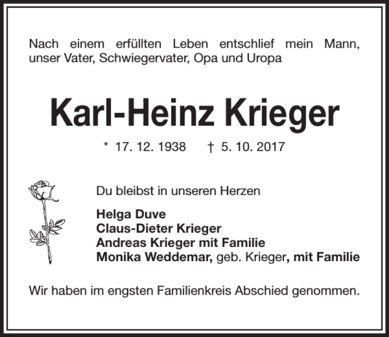 Traueranzeigen Von Karl-heinz Krieger 