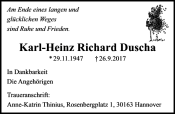 Traueranzeige von Karl-Heinz Richard Duscha von HAZ/NP