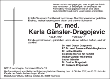 Traueranzeige von Karla Gänsler-Dragoje von HAZ/NP