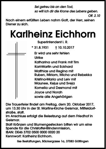 Traueranzeige von Karlheinz Eichhorn von Göttinger Tageblatt