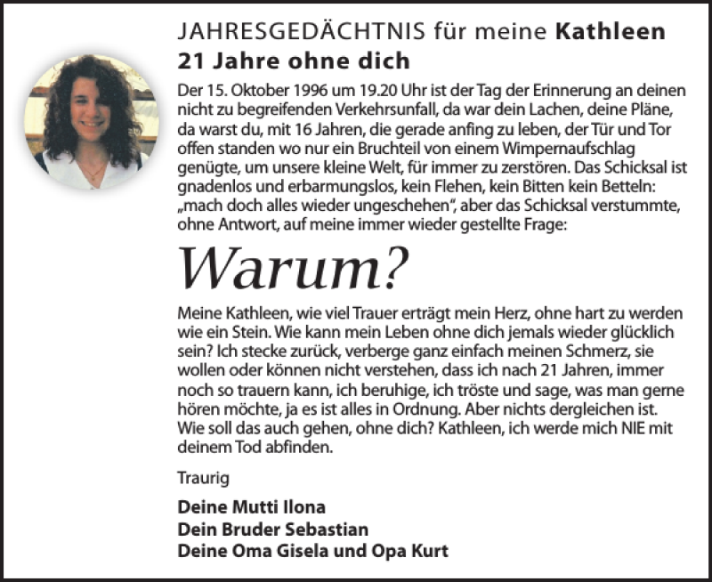  Traueranzeige für verunglückt Kathleen Kunert vom 14.10.2017 aus Leipziger Volkszeitung