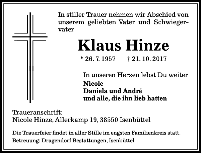  Traueranzeige für Klaus Hinze vom 28.10.2017 aus Aller Zeitung / Wolfsburger Allgemeine