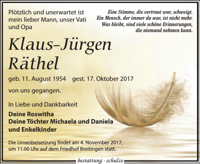  Traueranzeige für Klaus-Jürgen Räthel vom 28.10.2017 aus Leipziger Volkszeitung