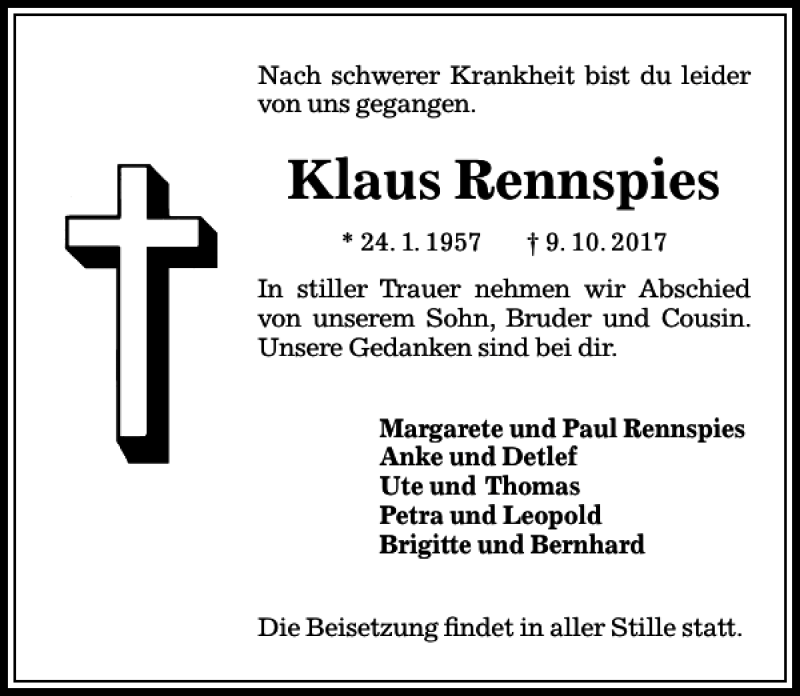  Traueranzeige für Klaus Rennspies vom 14.10.2017 aus Peiner Allgemeine Zeitung