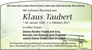 Traueranzeige von Klaus Taubert von Leipziger Volkszeitung