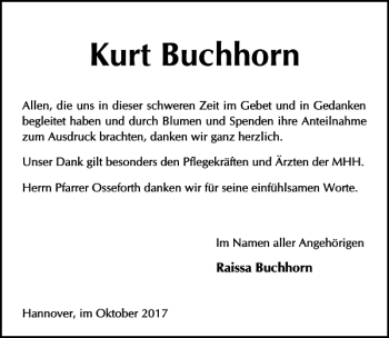 Traueranzeige von Kurt Buchhorn Ds von HAZ/NP