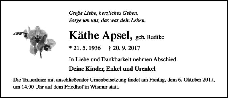  Traueranzeige für Käthe Apsel vom 02.10.2017 aus Ostsee-Zeitung
