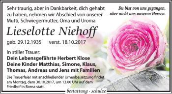 Traueranzeige von Lieselotte Niehoff von Leipziger Volkszeitung