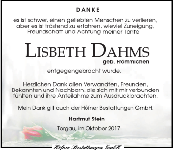 Traueranzeige von Lisbeth Dahms von Torgauer Zeitung