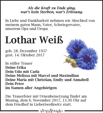 Traueranzeige von Lothar Weiß von Leipziger Volkszeitung