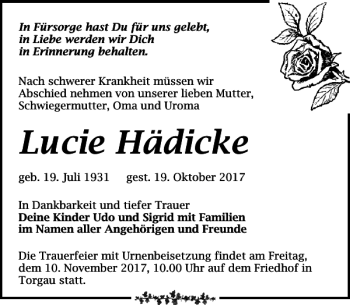Traueranzeige von Lucie Hädicke von Torgauer Zeitung