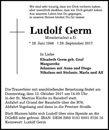 Traueranzeige von Ludolf Germ von Kieler Nachrichten / Segeberger Zeitung