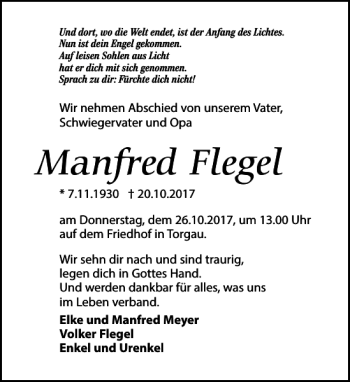 Traueranzeige von Manfred Flegel von Torgauer Zeitung