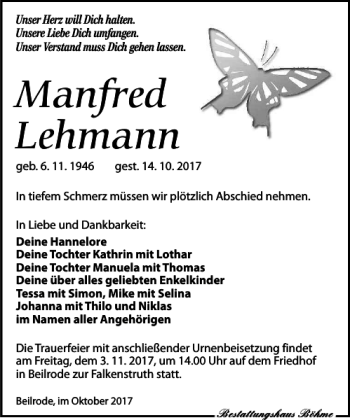 Traueranzeige von Manfred Lehmann von Torgauer Zeitung
