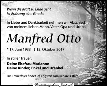 Traueranzeige von Manfred Otto von Leipziger Volkszeitung