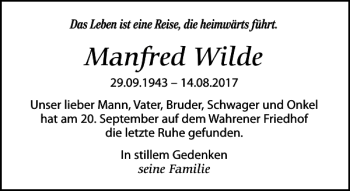 Traueranzeige von Manfred Wilde von Leipziger Volkszeitung